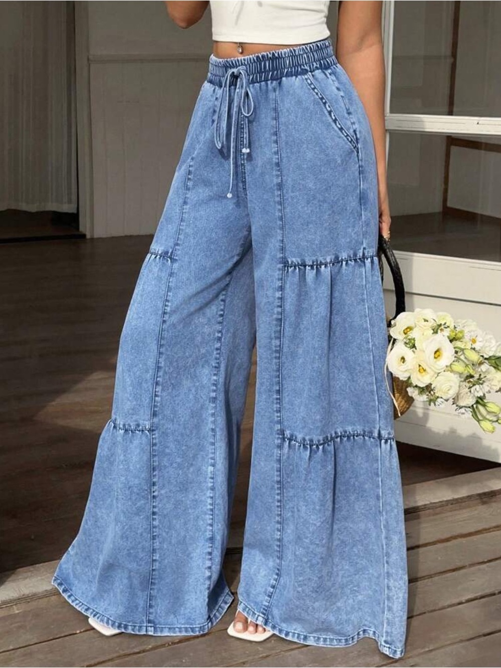 Boho Wide-Leg Tiered Denim Palazzo Jeans - Light Blue Size Medium